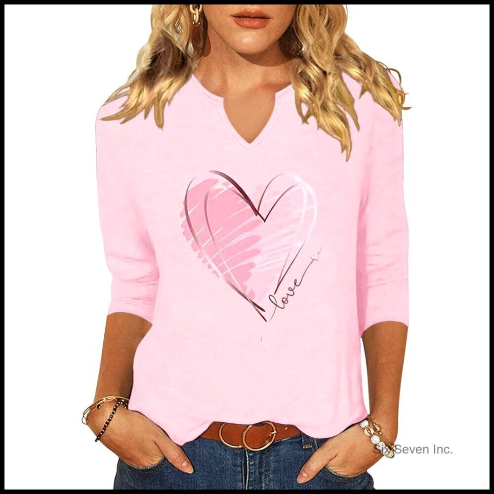 3/4 Sleeve V Neck Graphic Tee Love Heart Print Loose Fit Casual Top